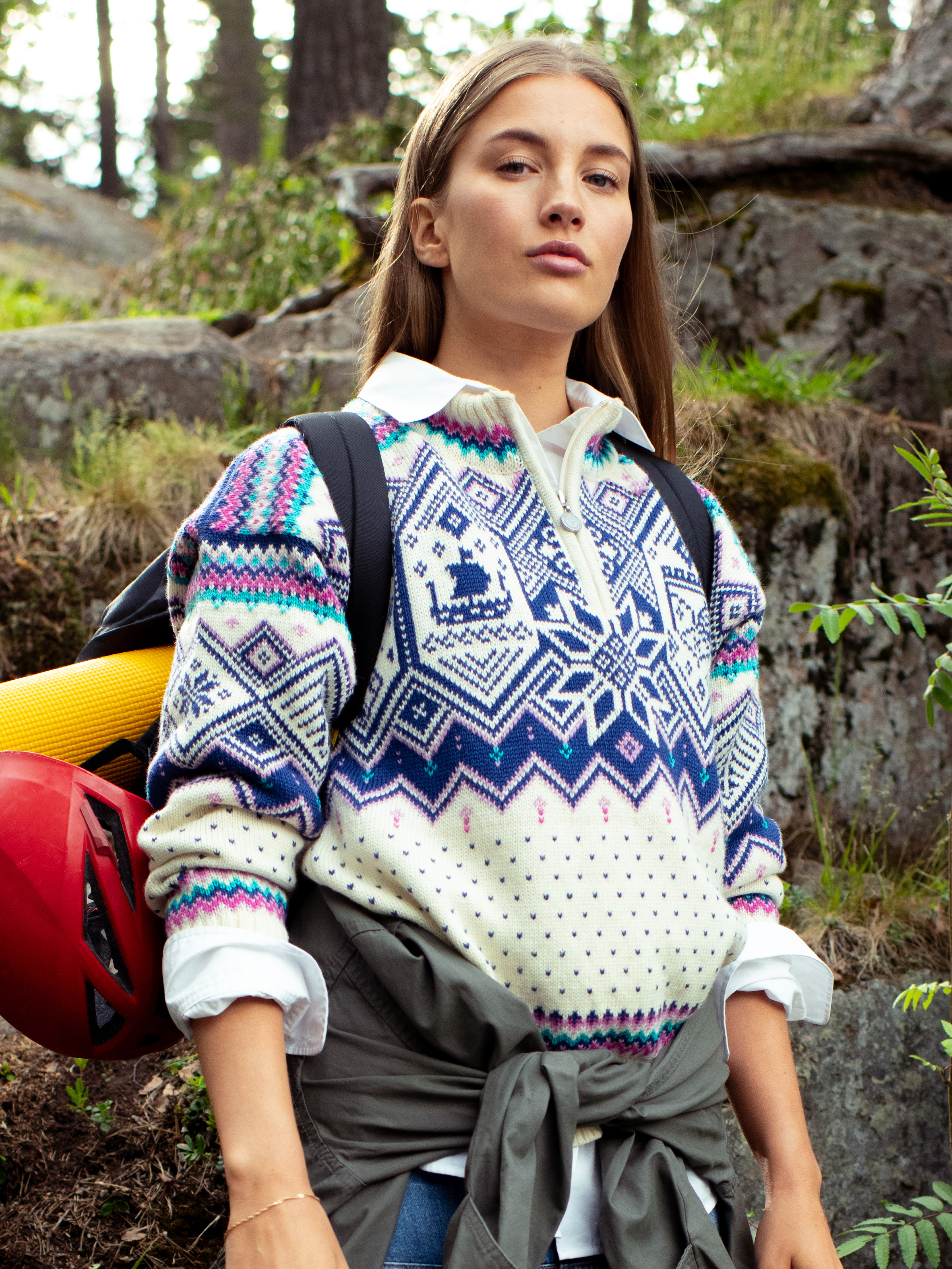 2025 Trondheim Women's Wool Sweater Offwhite  Indigo  Orchid